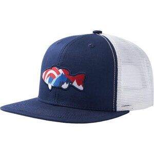 Collegiate Navy/Bass 100% cotton shell and 100% polyester Flat Brim Trucker Cap